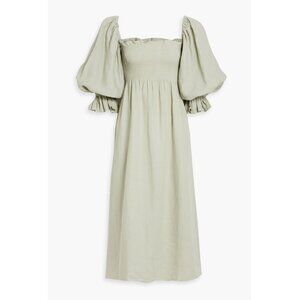 The Daily Sleeper Smocked Atlanta Linen Dress in Light Green Size Large
